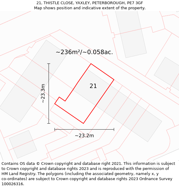 21, THISTLE CLOSE, YAXLEY, PETERBOROUGH, PE7 3GF: Plot and title map