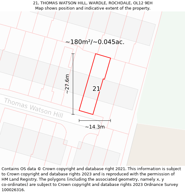 21, THOMAS WATSON HILL, WARDLE, ROCHDALE, OL12 9EH: Plot and title map