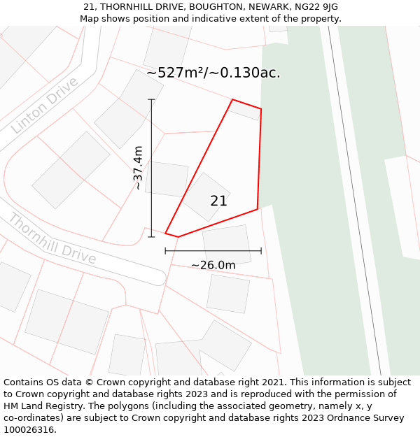 21, THORNHILL DRIVE, BOUGHTON, NEWARK, NG22 9JG: Plot and title map