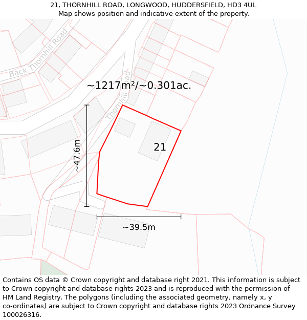 21, THORNHILL ROAD, LONGWOOD, HUDDERSFIELD, HD3 4UL: Plot and title map