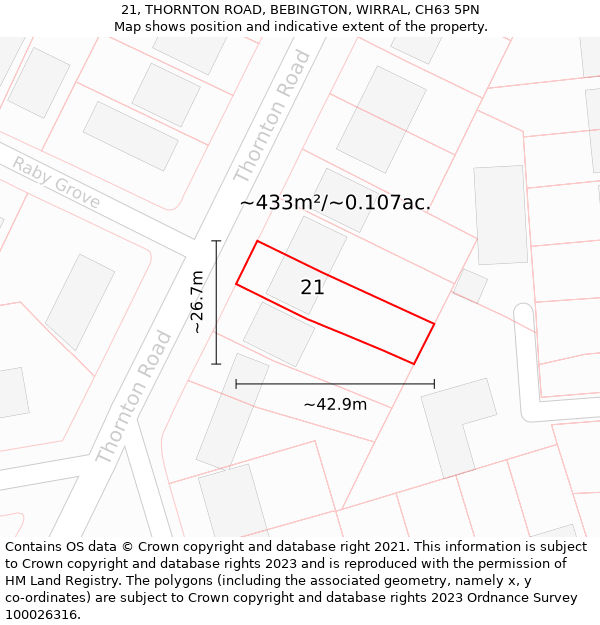 21, THORNTON ROAD, BEBINGTON, WIRRAL, CH63 5PN: Plot and title map