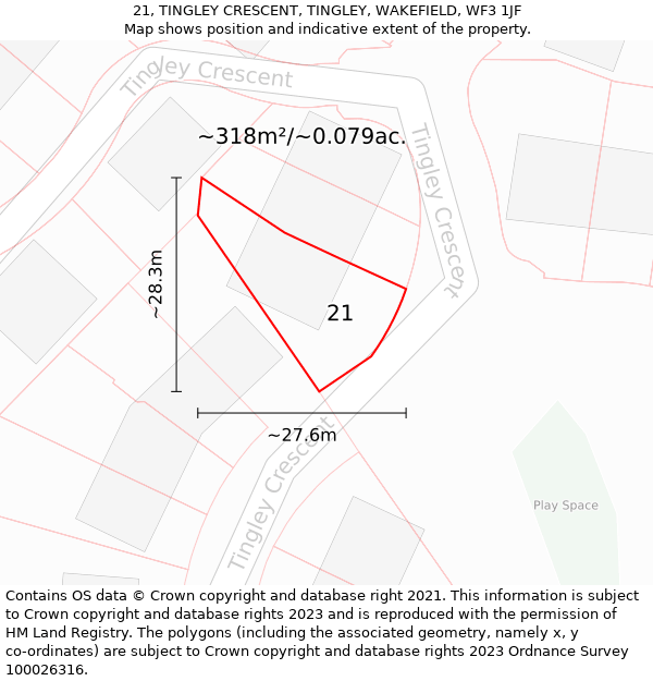 21, TINGLEY CRESCENT, TINGLEY, WAKEFIELD, WF3 1JF: Plot and title map