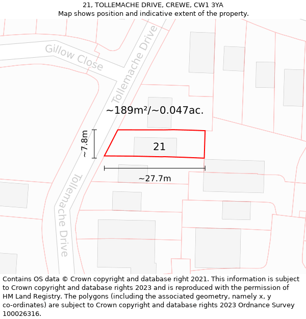 21, TOLLEMACHE DRIVE, CREWE, CW1 3YA: Plot and title map