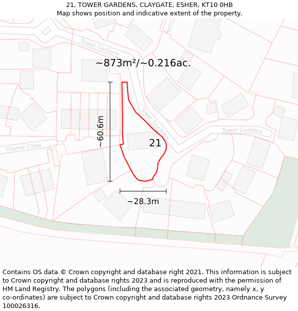 21, TOWER GARDENS, CLAYGATE, ESHER, KT10 0HB: Plot and title map
