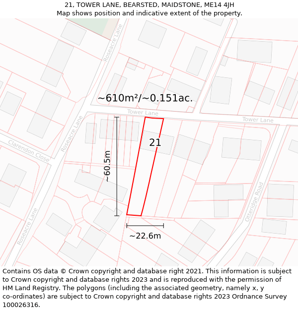 21, TOWER LANE, BEARSTED, MAIDSTONE, ME14 4JH: Plot and title map