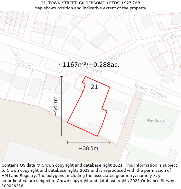21, TOWN STREET, GILDERSOME, LEEDS, LS27 7AB: Plot and title map