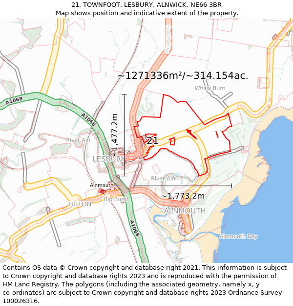 21, TOWNFOOT, LESBURY, ALNWICK, NE66 3BR: Plot and title map