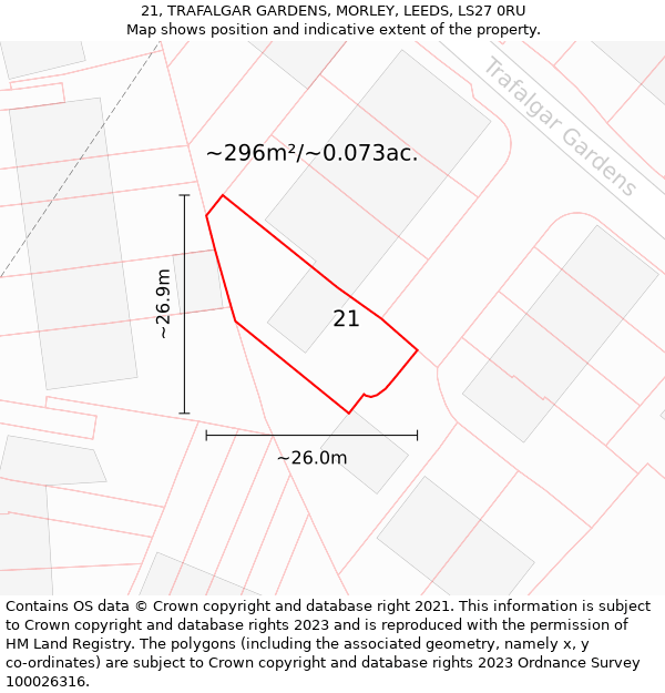 21, TRAFALGAR GARDENS, MORLEY, LEEDS, LS27 0RU: Plot and title map