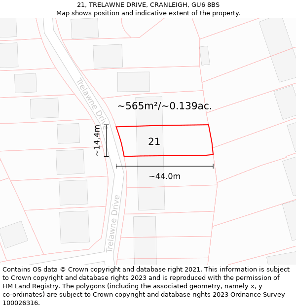 21, TRELAWNE DRIVE, CRANLEIGH, GU6 8BS: Plot and title map