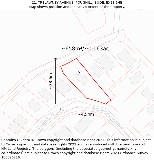 21, TRELAWNEY AVENUE, POUGHILL, BUDE, EX23 9HB: Plot and title map