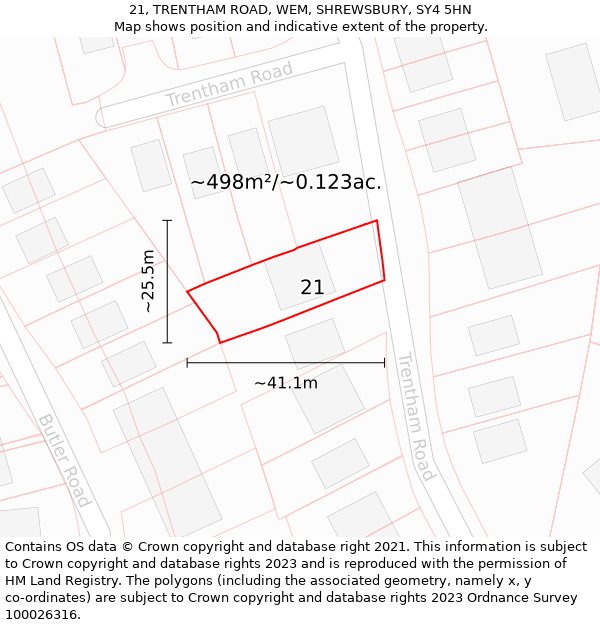 21, TRENTHAM ROAD, WEM, SHREWSBURY, SY4 5HN: Plot and title map