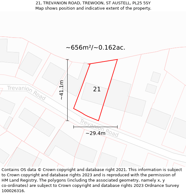 21, TREVANION ROAD, TREWOON, ST AUSTELL, PL25 5SY: Plot and title map