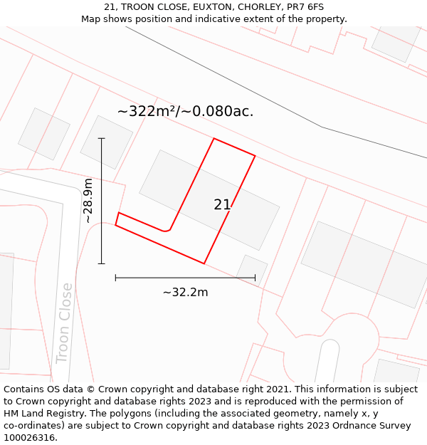 21, TROON CLOSE, EUXTON, CHORLEY, PR7 6FS: Plot and title map