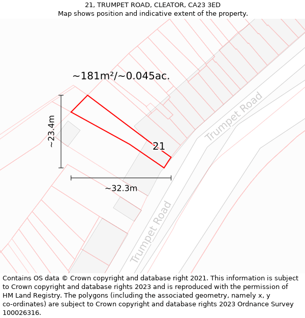 21, TRUMPET ROAD, CLEATOR, CA23 3ED: Plot and title map