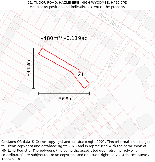 21, TUDOR ROAD, HAZLEMERE, HIGH WYCOMBE, HP15 7PD: Plot and title map