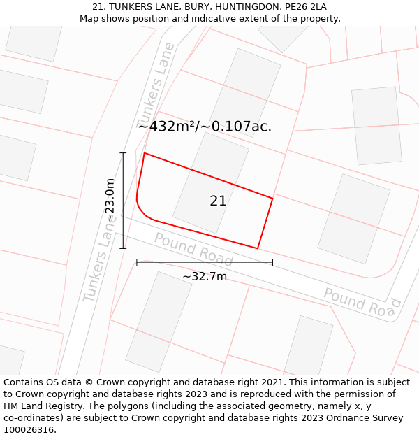 21, TUNKERS LANE, BURY, HUNTINGDON, PE26 2LA: Plot and title map