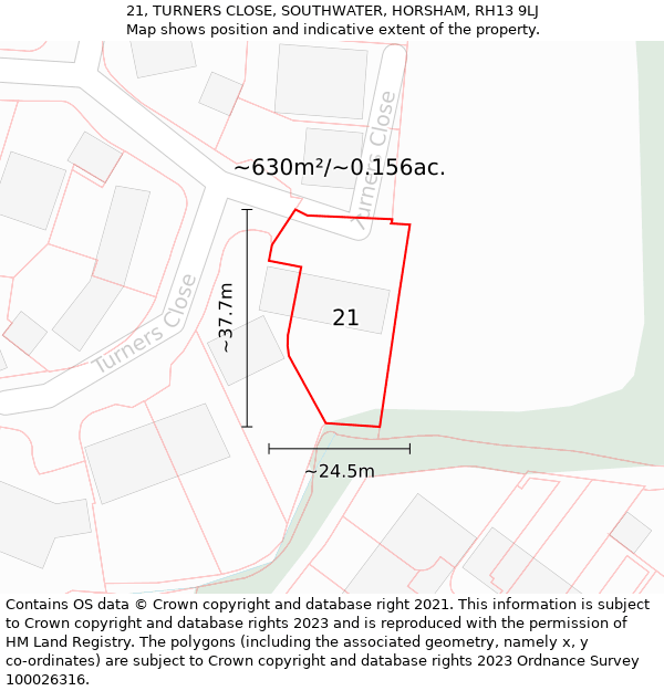 21, TURNERS CLOSE, SOUTHWATER, HORSHAM, RH13 9LJ: Plot and title map