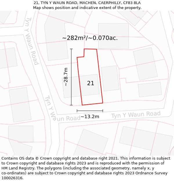 21, TYN Y WAUN ROAD, MACHEN, CAERPHILLY, CF83 8LA: Plot and title map