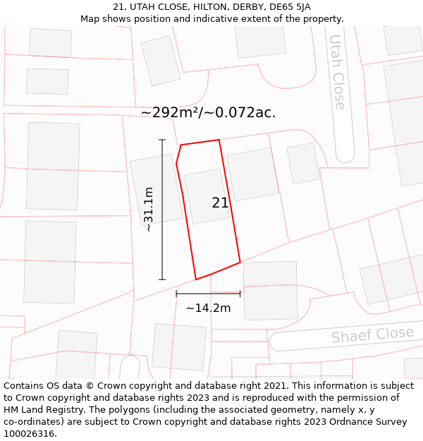 21, UTAH CLOSE, HILTON, DERBY, DE65 5JA: Plot and title map