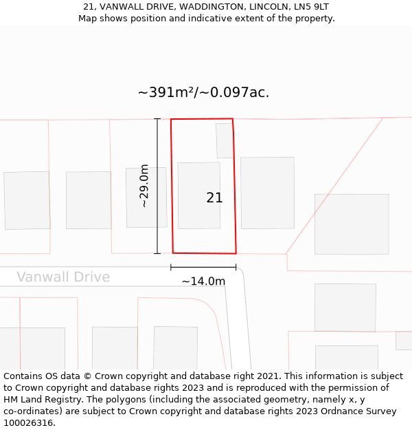 21, VANWALL DRIVE, WADDINGTON, LINCOLN, LN5 9LT: Plot and title map