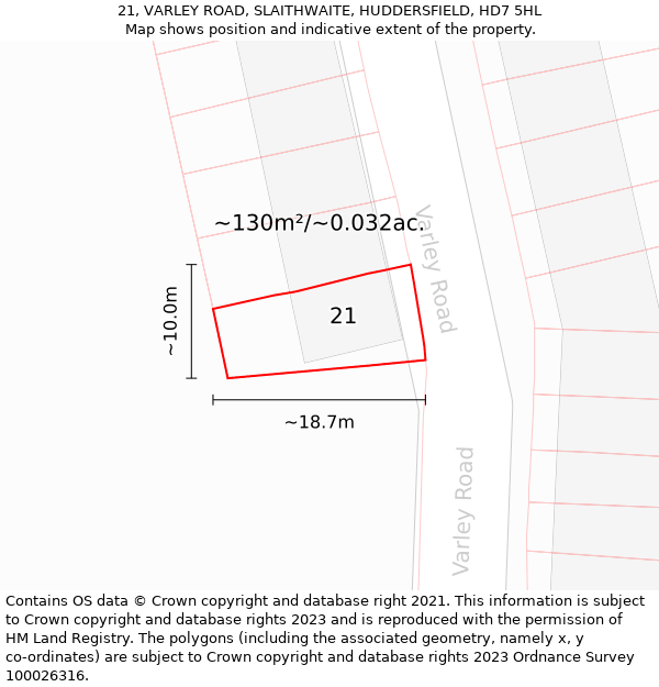 21, VARLEY ROAD, SLAITHWAITE, HUDDERSFIELD, HD7 5HL: Plot and title map