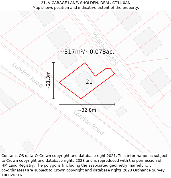 21, VICARAGE LANE, SHOLDEN, DEAL, CT14 0AN: Plot and title map