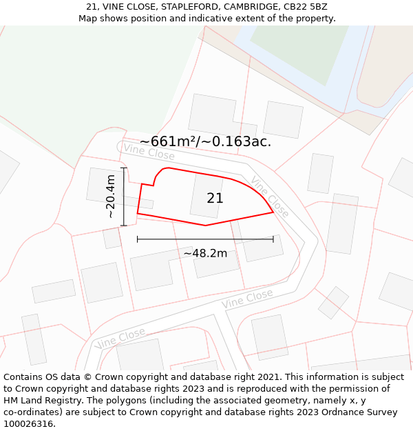 21, VINE CLOSE, STAPLEFORD, CAMBRIDGE, CB22 5BZ: Plot and title map