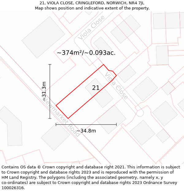 21, VIOLA CLOSE, CRINGLEFORD, NORWICH, NR4 7JL: Plot and title map