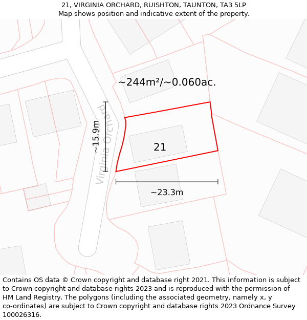 21, VIRGINIA ORCHARD, RUISHTON, TAUNTON, TA3 5LP: Plot and title map