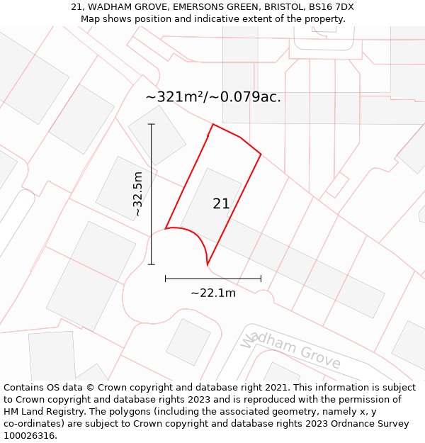 21, WADHAM GROVE, EMERSONS GREEN, BRISTOL, BS16 7DX: Plot and title map