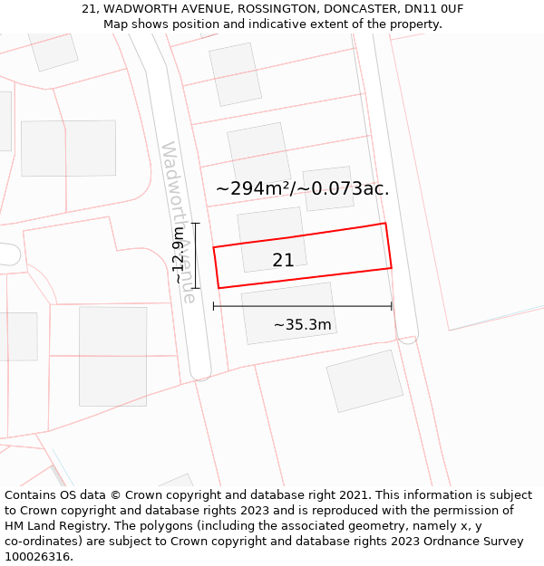 21, WADWORTH AVENUE, ROSSINGTON, DONCASTER, DN11 0UF: Plot and title map