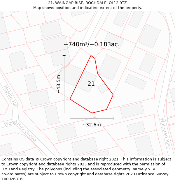 21, WAINGAP RISE, ROCHDALE, OL12 9TZ: Plot and title map