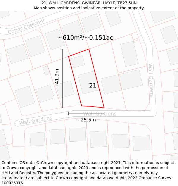 21, WALL GARDENS, GWINEAR, HAYLE, TR27 5HN: Plot and title map