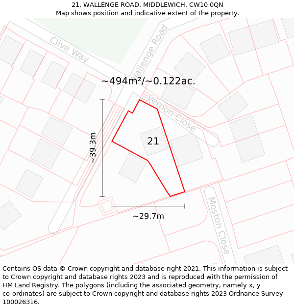 21, WALLENGE ROAD, MIDDLEWICH, CW10 0QN: Plot and title map