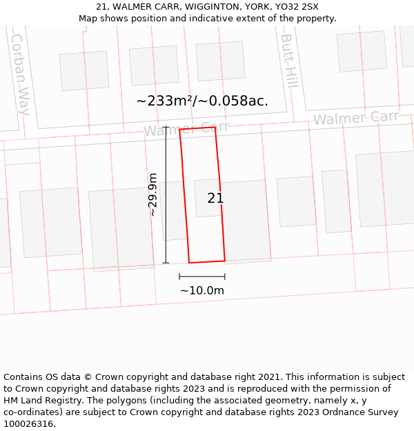 21, WALMER CARR, WIGGINTON, YORK, YO32 2SX: Plot and title map