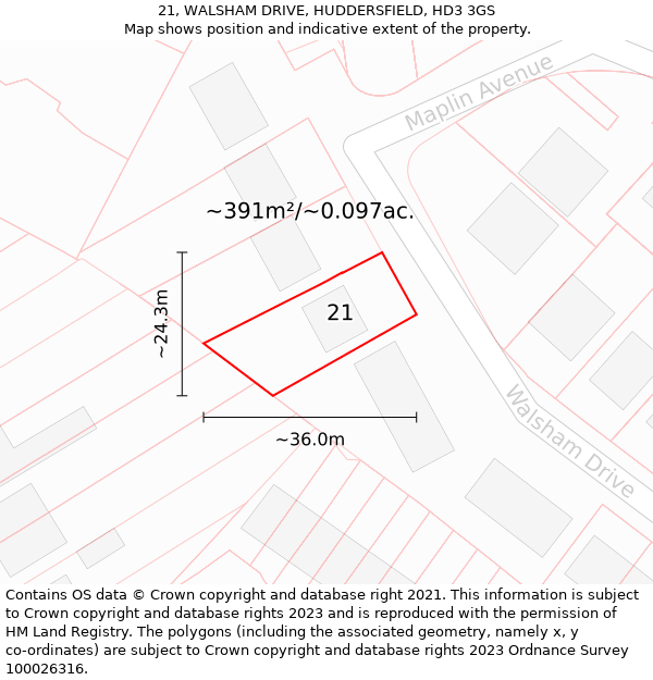 21, WALSHAM DRIVE, HUDDERSFIELD, HD3 3GS: Plot and title map