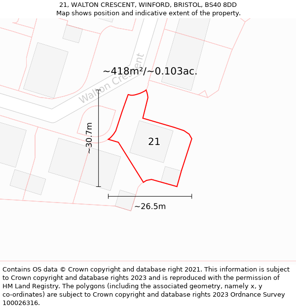 21, WALTON CRESCENT, WINFORD, BRISTOL, BS40 8DD: Plot and title map