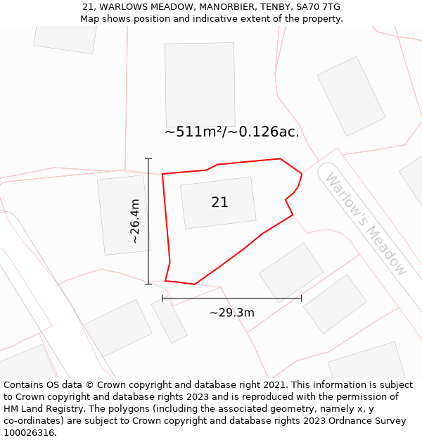 21, WARLOWS MEADOW, MANORBIER, TENBY, SA70 7TG: Plot and title map