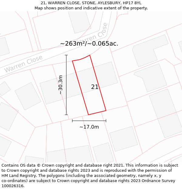 21, WARREN CLOSE, STONE, AYLESBURY, HP17 8YL: Plot and title map