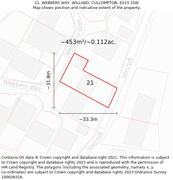 21, WEBBERS WAY, WILLAND, CULLOMPTON, EX15 2SW: Plot and title map