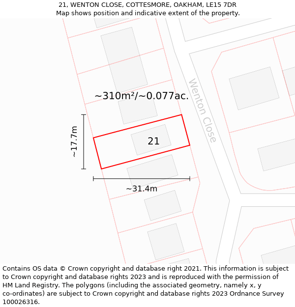 21, WENTON CLOSE, COTTESMORE, OAKHAM, LE15 7DR: Plot and title map