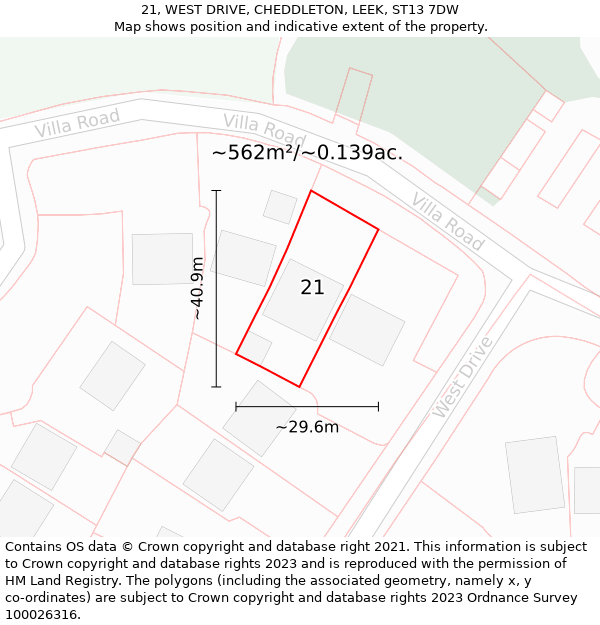 21, WEST DRIVE, CHEDDLETON, LEEK, ST13 7DW: Plot and title map