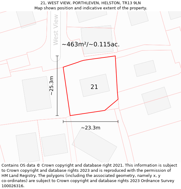 21, WEST VIEW, PORTHLEVEN, HELSTON, TR13 9LN: Plot and title map