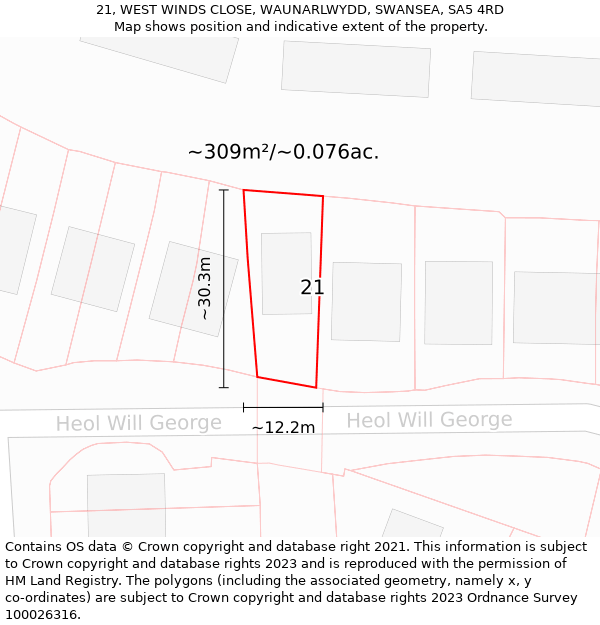 21, WEST WINDS CLOSE, WAUNARLWYDD, SWANSEA, SA5 4RD: Plot and title map