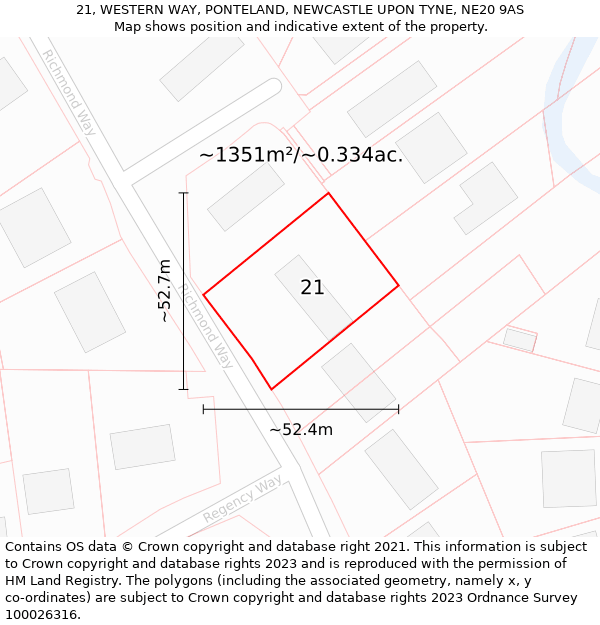 21, WESTERN WAY, PONTELAND, NEWCASTLE UPON TYNE, NE20 9AS: Plot and title map