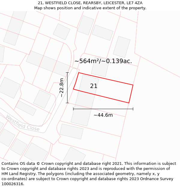 21, WESTFIELD CLOSE, REARSBY, LEICESTER, LE7 4ZA: Plot and title map