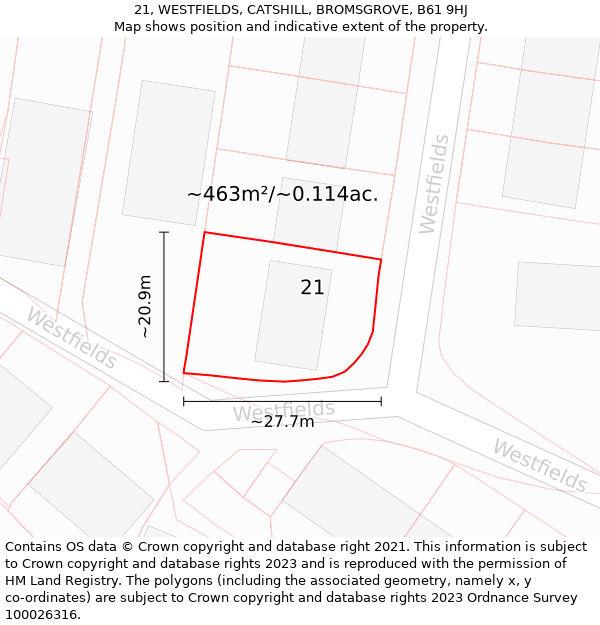 21, WESTFIELDS, CATSHILL, BROMSGROVE, B61 9HJ: Plot and title map