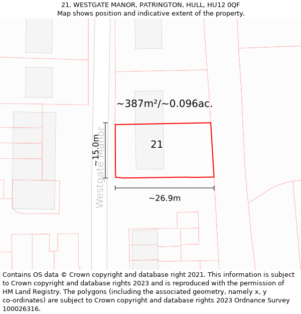 21, WESTGATE MANOR, PATRINGTON, HULL, HU12 0QF: Plot and title map