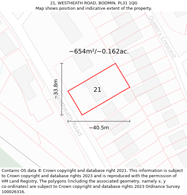 21, WESTHEATH ROAD, BODMIN, PL31 1QG: Plot and title map