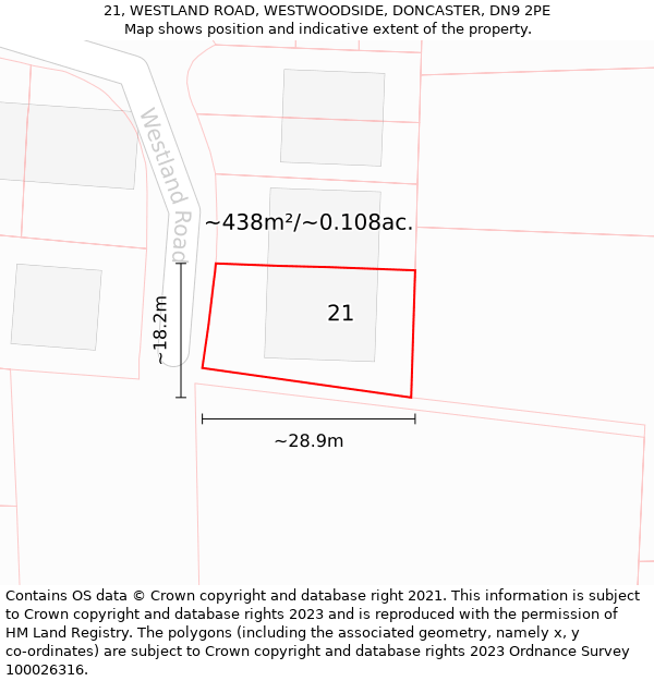 21, WESTLAND ROAD, WESTWOODSIDE, DONCASTER, DN9 2PE: Plot and title map